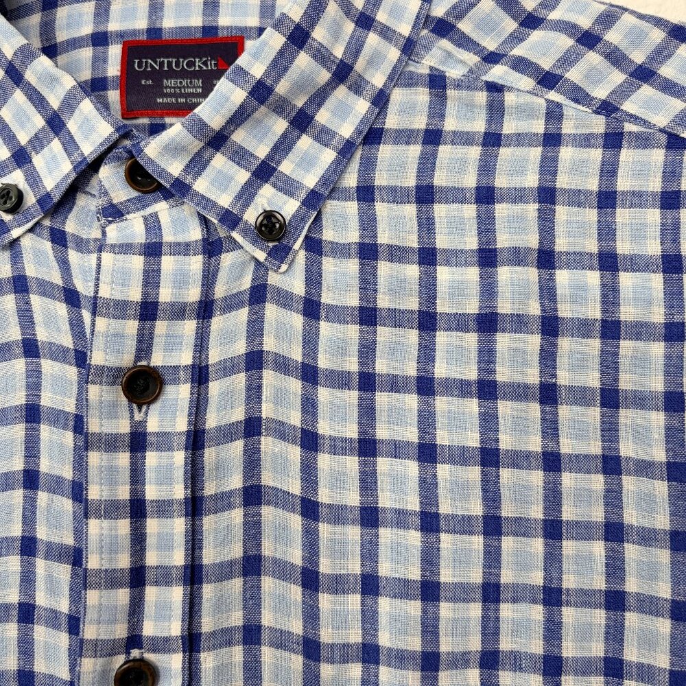 UNTUCKit Button Down Shirt Medium Blue Gingham Linen